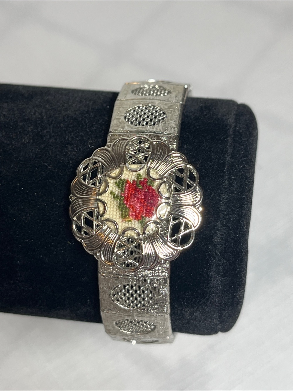Vintage Silver Tone Needlepoint Rose Bracelet Filigree Panel | Retro Statement